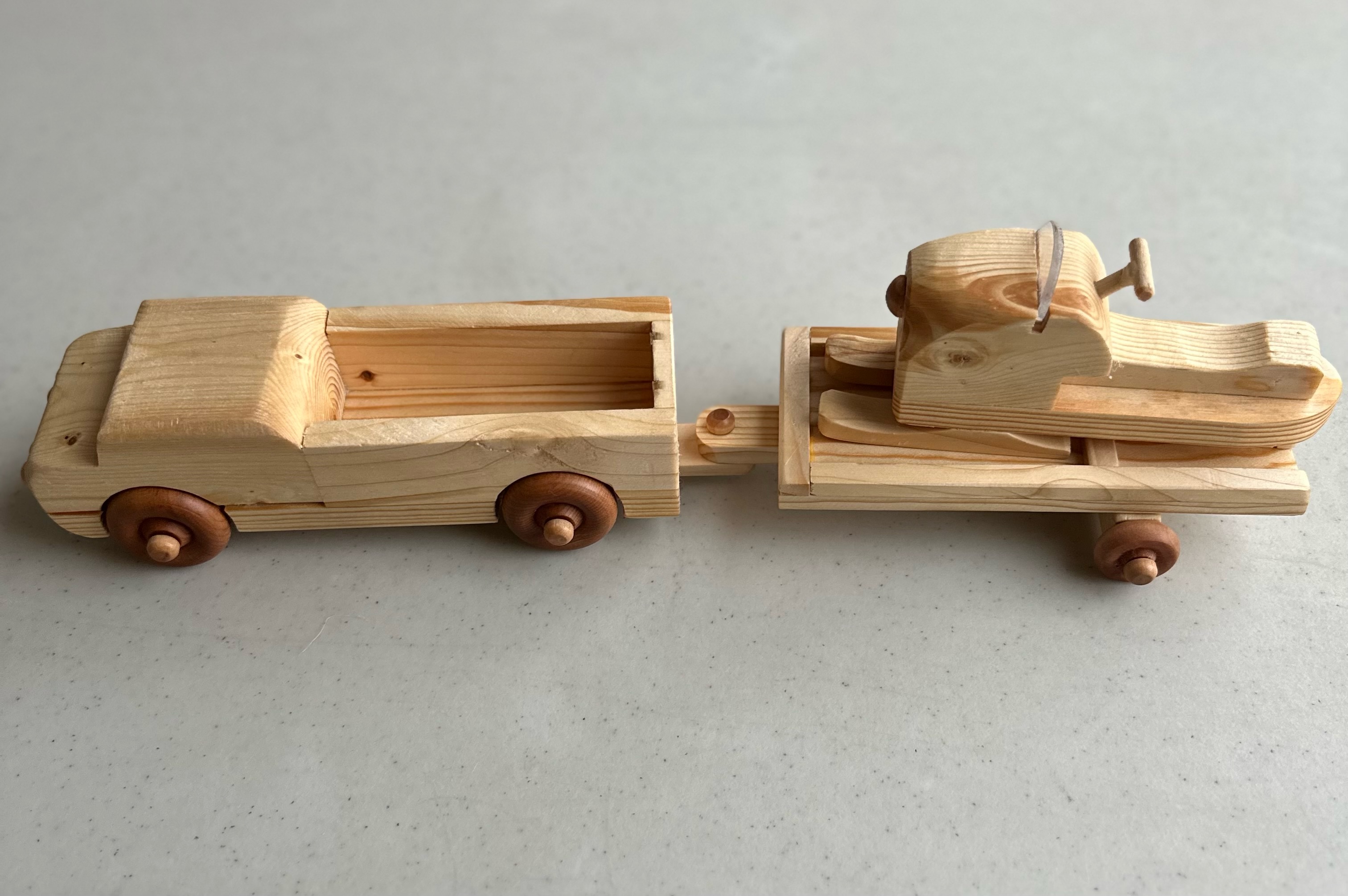 Finished Wooden Toy with Truck, Trailer and Snowmobile